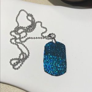 Sparkling blue leather dog tag chain necklace